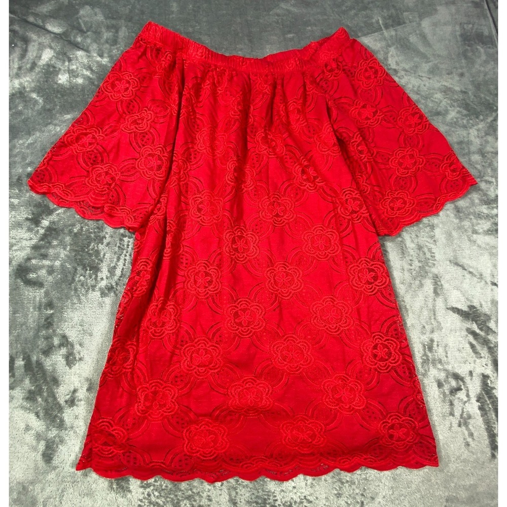 Tiara Dress Women 10 Red Floral Lace Off Shoulder Bell Sleeve Romantic Fairy